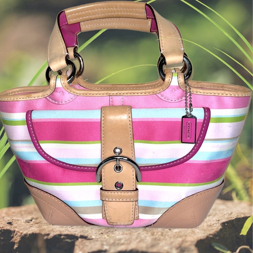 Coach Vintage Pastel Stripe Soho Hampton Sateen & Leather Vachetta Bag w/COA